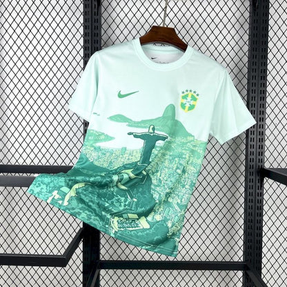 Camiseta Brasil Cristo Redentor Blanca y Verde 2025/26 Versión Fan